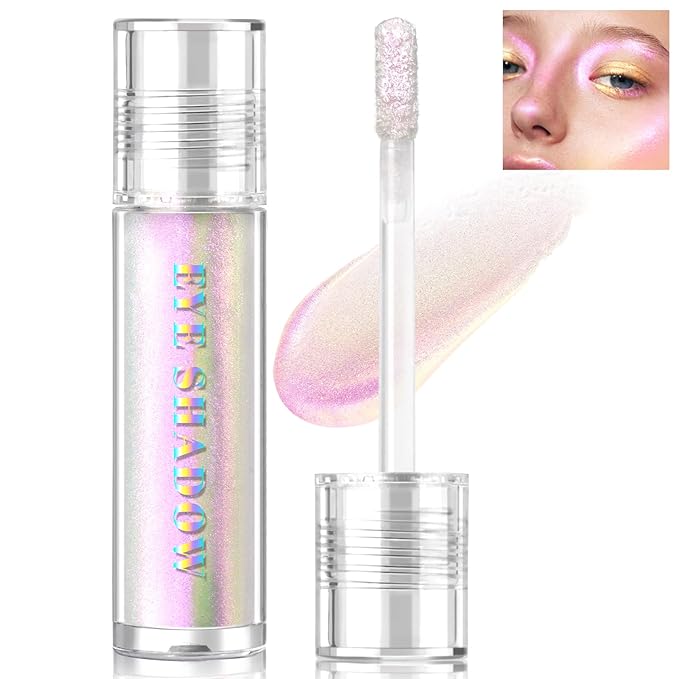 HOSAILY Liquid Glitter Eyeshadow, Shimmer Chameleon Holographic Metallic Multichrome Highlighter, Long Lasting Waterproof White Purple Eye look, Sparkling Quick Dry Face Eye pigmented Makeup 04