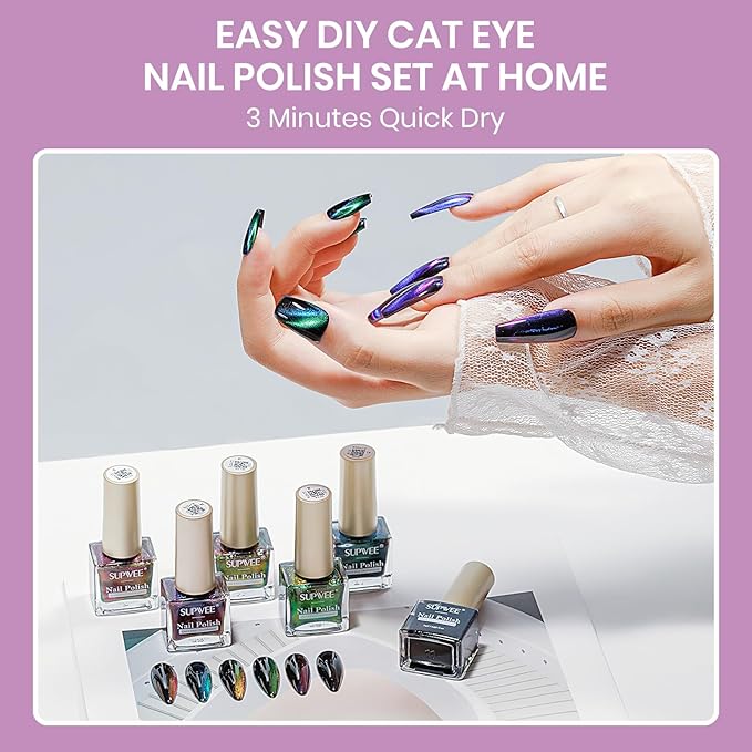 9D Magnetic Cat Eye Nail Polish Set, Cateye Nail Polish Non Gel with Magnet, Multi-Color Holographic Glitter Quick Dry Nail Lacquer High Glossy DIY Salon Gift for Women Girl