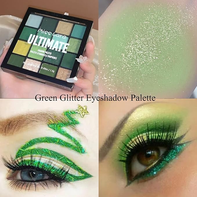 St Patrick’s Day Accessories 16 Colors Green Glitter Matte Eyeshadow Makeup Palette, Forest Green Yellow Colorful Eye Shadow Plattet for Witch Cosplay Halloween SFX Makeup