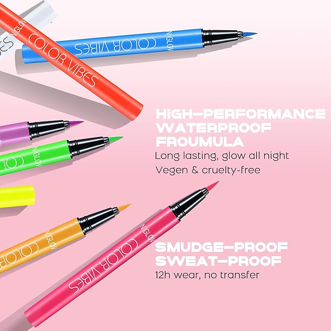 UV Neon Liquid Eyeliner, Matte Colored Eyeliner Pen, Waterproof Smudge-proof Pigmented Eye Liner, Glow Brightly Under UV Lights, Colorful Eye Makeup For Rave Party Music Festival, Neon White