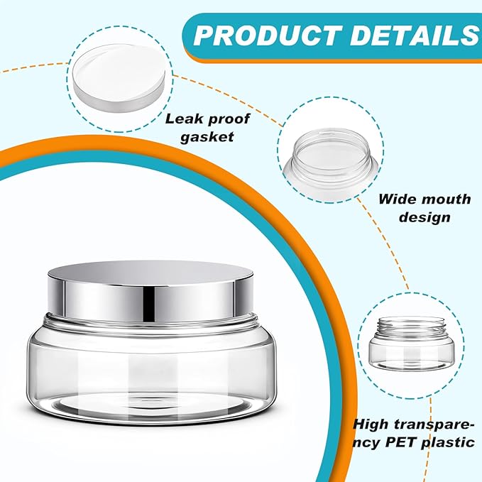 Tessco for you 24 Pack Plastic Jars with Lids Labels Multiuse Slime Containers Empty Body Scrub Jars Round Refillable Cosmetic Body Butter Container for Makeup (5 oz,Clear,Silver)
