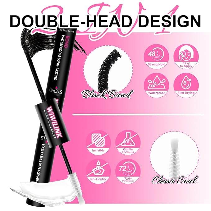 Lash Bond and Seal Black Eyelash Glue Waterproof Lash Clusters Glue for Cluster Lashes Strong Hold 150Hour Eyelash Adhesive at Home（5ml Black Bond+5ml Clear Seal）
