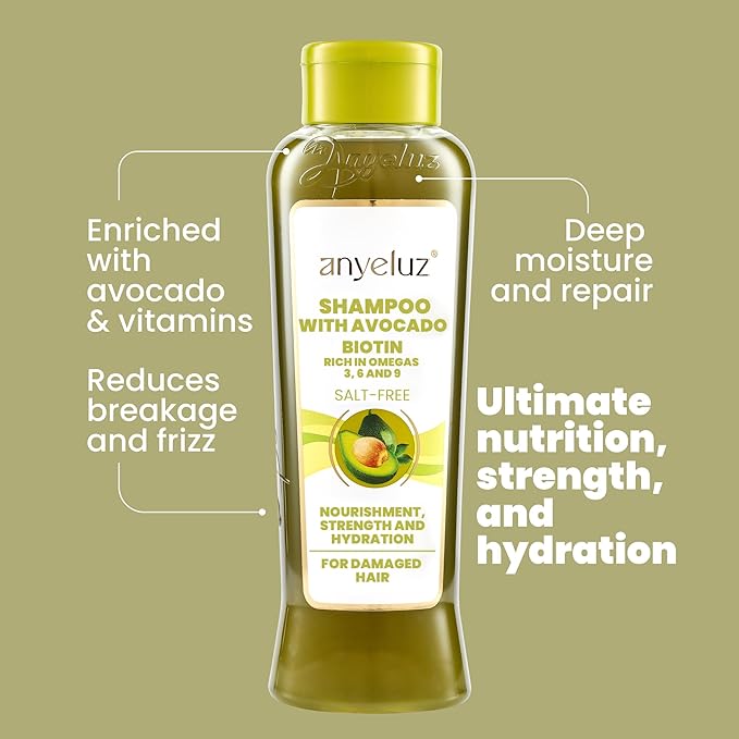 ANYELUZ Avocado Moisturizing Shampoo, Enriched with Omega 3, 6, 9, and Biotin, Repairs and Protects Damaged Hair Fibers, Enhances Hair Shine and Guards Against Sun Damage