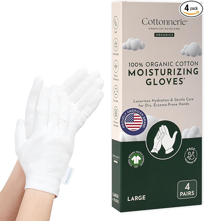 4 Pairs Cottonnerie Organic Cotton Gloves for Dry Hands Sleeping, Moisturizing Gloves Overnight, Hand Moisturizer Gloves, Moisture Gloves for Dry Hands Overnight, Sleeping Gloves, Large