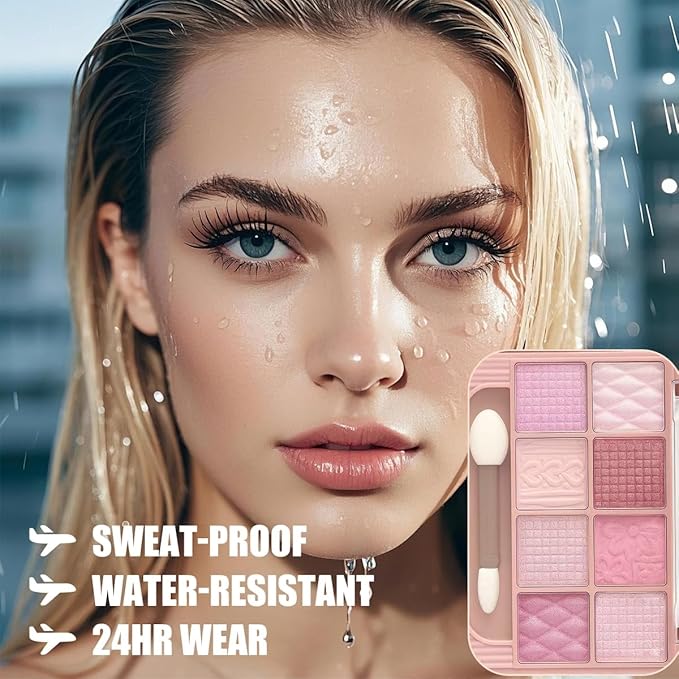 K'APEINE Light Pink Eyeshadow Palette, 8 Color All Shimmer Wafer Eye Shadow Glitter Blendable Makeup Palette Long-Lasting Eye Shades With 1 Dual Brush,Naturing-Looking,Waterproof Shades for Women-02