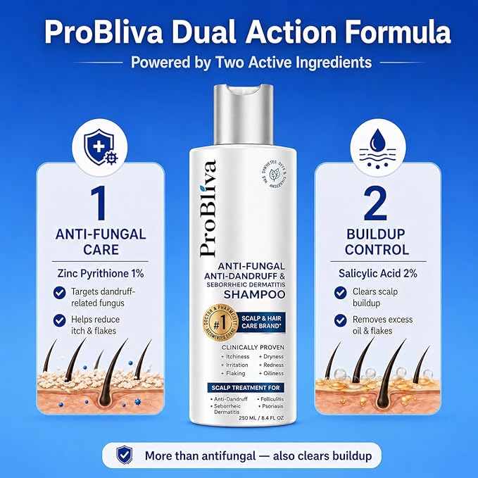 ProBliva Balanced Antifungal Shampoo – Scalp Treatment for Seborrheic Dermatitis, Dandruff, Flakes, Itch & Dryness – Zinc Pyrithione 1% & Salicylic Acid 2% Dual-Action for Fungus & Buildup (8.4 fl oz)