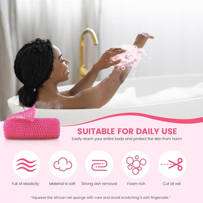 ZOCY African Net Sponge, Authentic Exfoliating Body Scrubber for Bath and Shower, Multiple Textures with Gentle Deep Exfoliating and Rich Lather for All Skins (Pack of 2 (Pink+Purple))