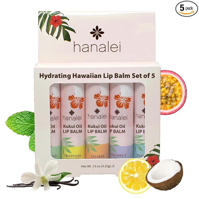 Hanalei Lip Balm & Moisturizer Variety Pack (5 Tubes) – Hydrating Care with Natural Kukui Oil & Beeswax – Soothes, Repairs & Nourishes Dry, Chapped Lips – Long-Lasting Moisture & Protection