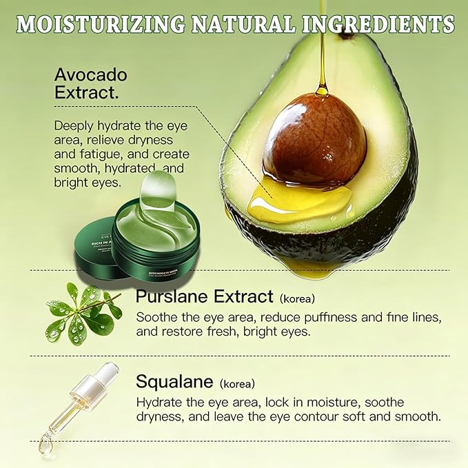 Lingyun 60 Pcs Avocado Under Eye Patches for Tired Eyes – Nourishing Eye Treatment Masks, Moisturizing for Dark Circles, Puffiness, Fine Lines & Dry Skin