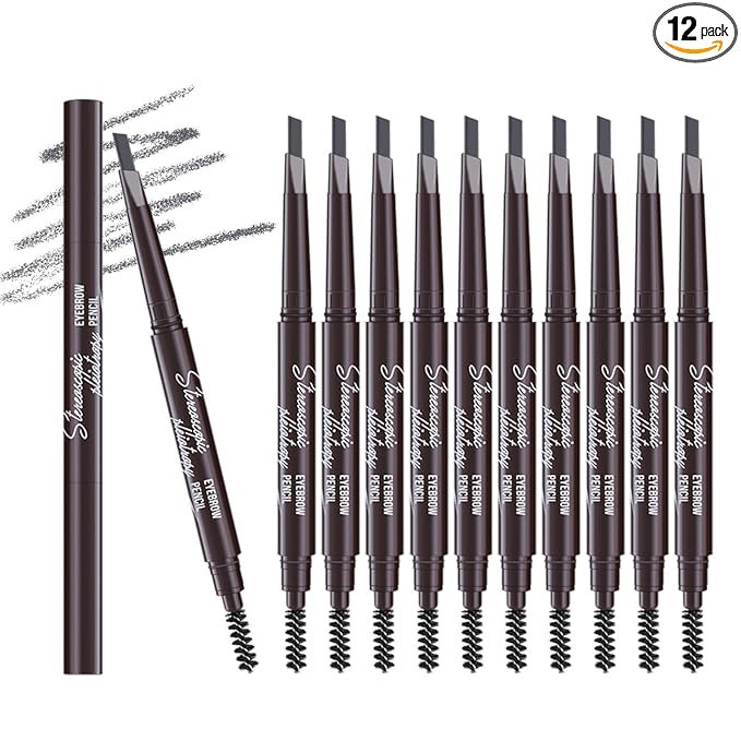 12pcs Grey Waterproof Eye Brow Pencils for Women, Retractable Dual-End Eyebrow Pencil with Brush, Triangular Tip Design, Easier to Define and Fill in Eyebrows for Natural Brow Shape