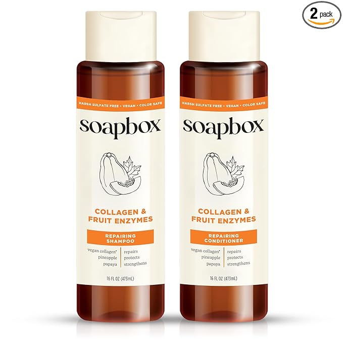Soapbox Collagen & Fruit Enzymes Shampoo & Conditioner Set, Protects, Repairs & Strengthens Hair - Clean Ingredients Free of Harsh Chemicals, Sulfates, Parabens & Silicones - 16 oz Each