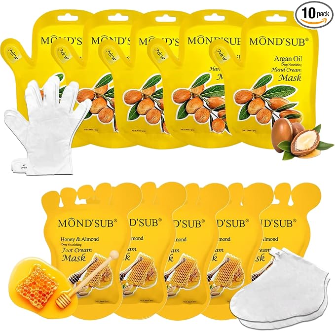 Elitzia Hand Foot Mask Hydrating 5 Packs Argan Oil Gloves 5 Packs Honey Almond Socks Masks Nourishing Moisturizing Repairing Spa Multipack Masks Women Dry Cracked Skin Care ETAHM
