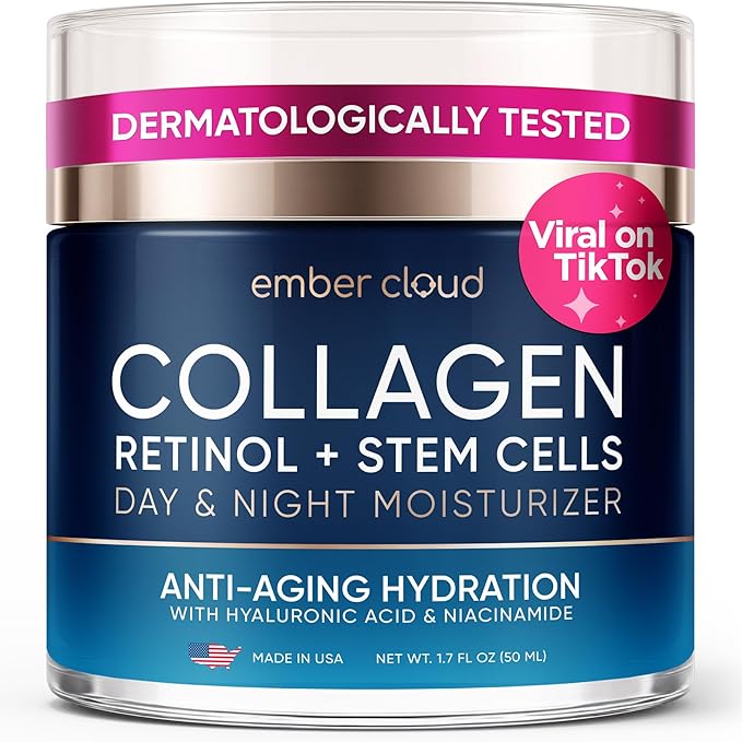 Moisturizer Collagen Anti-Aging Face Cream with Stem Cells, Retinol, Hyaluronic Acid & Niacinamide - Hydrating Day & Night Wrinkle Cream for All Skin Types - Airless Pump - Made in USA - 1.7Oz