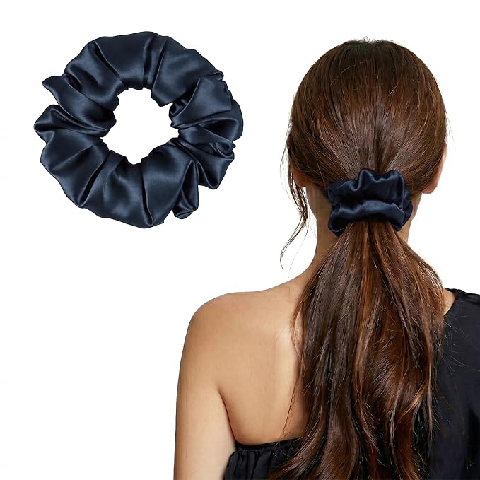 ZLYC 100% Mulberry Silk Scrunchie 19 Momme Gentle Creaseless Hair Tie for Women Dent-Free Ponytail Holder, 3.5cm Solid Navy