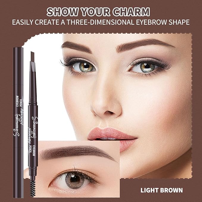 12pcs Light Brown Waterproof Eye Brow Pencils for Women, Retractable Dual-End Eyebrow Pencil with Brush, Triangular Tip Design, Easier to Define and Fill in Eyebrows for Natural Brow Shape