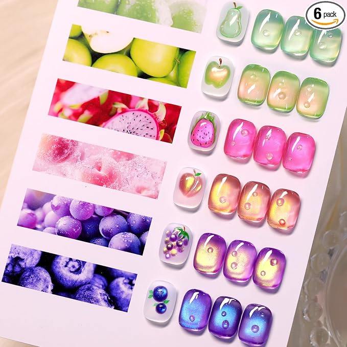 Born Pretty Fruit Colors Cat Magnetic Eye Gel Nail Polish Set,6 Colors Spring Summer Rose Pink Green Grape Purple Crystal Glass Magnetic Shimmer Glitter Gel Polish for Salon Manicure DIY 7ML