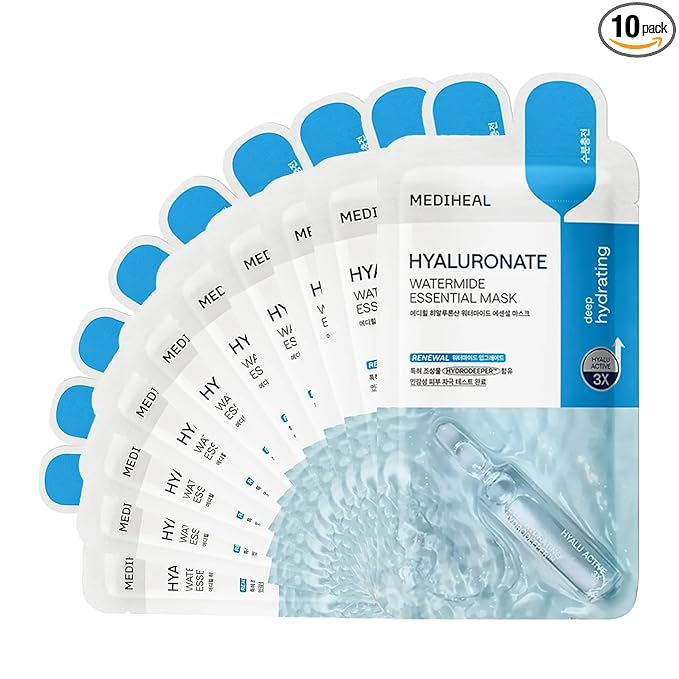 Mediheal Best Korean Hyaluronate Watermide Essential Face Mask - Hydrating and Moisturizing Sheet Masks With Hyalu Active 3x For All Skin Types (10 Count)