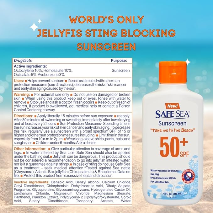 Safe Sea Jellyfish Sting-Blocking Sunscreen, SPF 50+ Lotion 4oz, Waterproof, Biodegradable – Body and Face Sunscreen, Anti-Jellyfish and Sea-Lice sting protection.