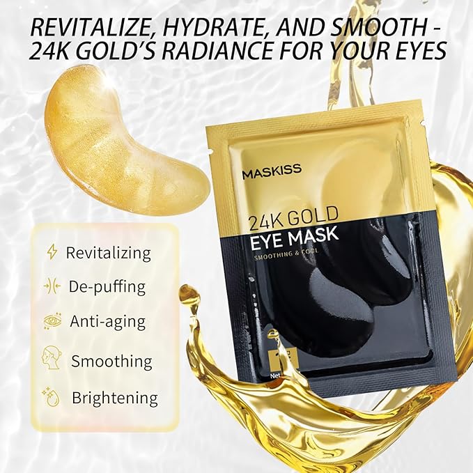 Maskiss 24k Gold Under Eye Patches (30 Pairs), Eye Mask, Collagen Skin Care Products, Eye Patches for Puffy Eyes, Eye Masks for Dark Circles and Puffiness.