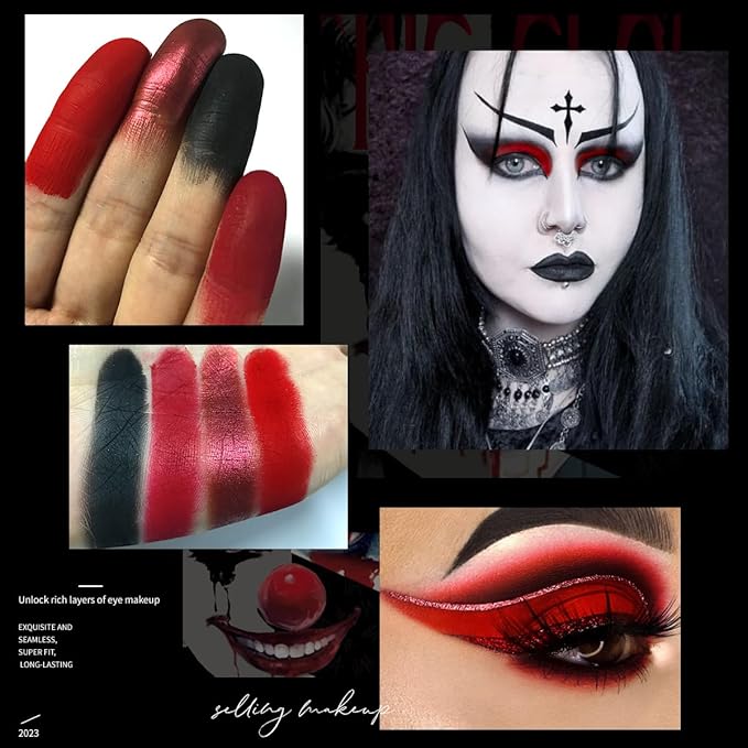 Red Goth Eyeshadow Palette - 9 Colors True Hot Red Black Eye Shadows | Halloween Glitters Makeup | Matte Shimmer High Pigmentation | Clown Vampire SFX Halloween Christmas Palette
