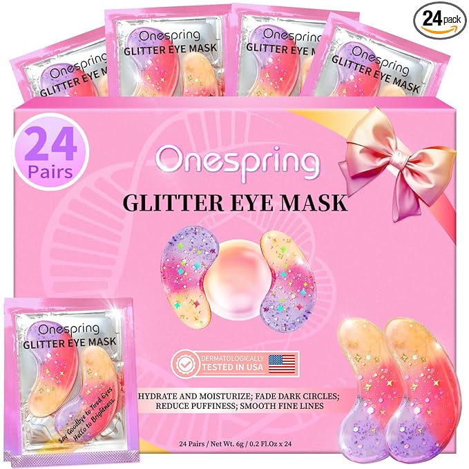 Eye Masks (24 Pairs) - Gift for Her - Tri-color Glitter Under Eye Patches for Dark Circles, Puffiness, Wrinkles, Soothing & Hydrating, Peptides Eye Gel Pads, Beauty Essential for Women, Birthday Gift