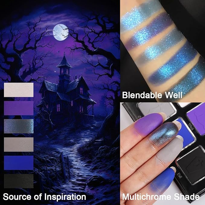 Afflano Goth Eyeshadow Palette Purple Blue, Multichrome Chrome Blue Purple Matte Black White Grey Dark Eye Shade, Gothic Halloween Makeup Eye Shadow Pallet for Joker Clown Cosplay SFX Makeup Costume