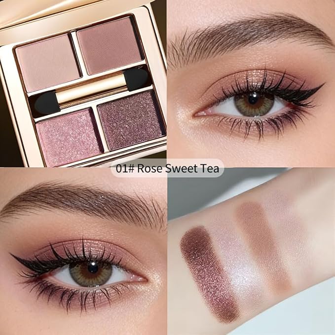 Cool Pink Mauve Eyeshadow Palette – 4 Matte&Glitter Shades for Icy Rose Glow, Romantic Soft Glam&Daily Eye Makeup, High-Pigment Long-Lasting Blendable Shadows that Enhance Brown, Hazel & Green Eyes