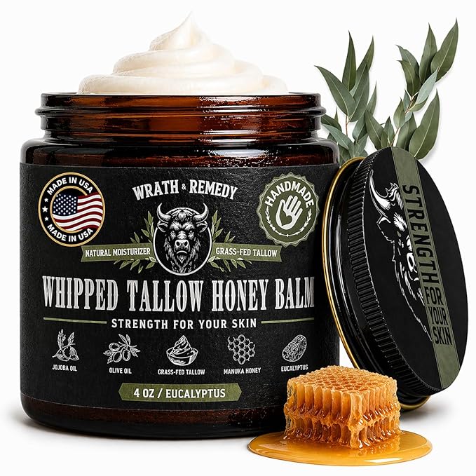 Organic Beef Tallow for Skin - 4 OZ (Eucalyptus) — US-Made Grass Fed Beef Tallow for Face + Body — Whipped Tallow and Honey Balm Moisturizer for Dry and Sensitive Skin, Eczema, Rosacea (No Additives)