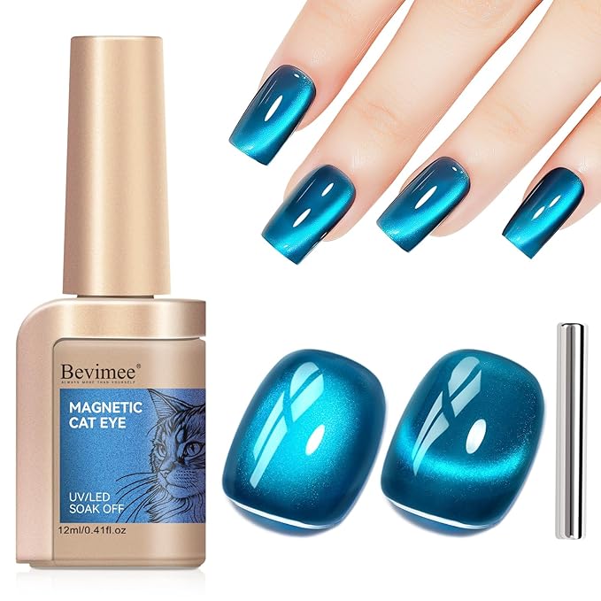Cat Eye Gel Nail Polish, Teal Sea Blue Jelly Glass Magnetic Nail Polish Magic Holographic Effect, Glitter UV Gel Sparkle Crystal Color for Nail Salon DIY At Home