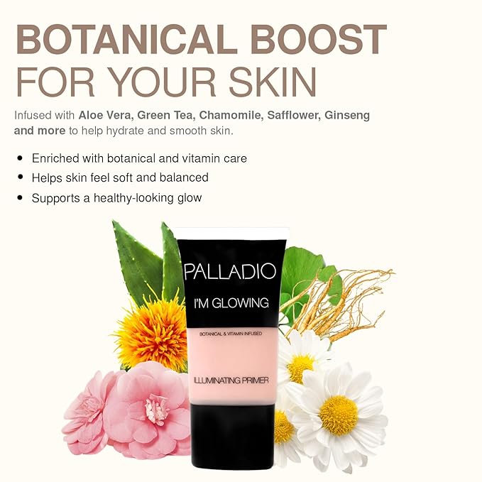 Palladio I'm Glowing Illuminating Primer, Pearly Pink Makeup Primer for Face, Contains Aloe Vera, Grape Seed Oil, Green Tea, Brightens Complexion, Combats Wrinkles, Fine Lines & Pores, 0.67 oz