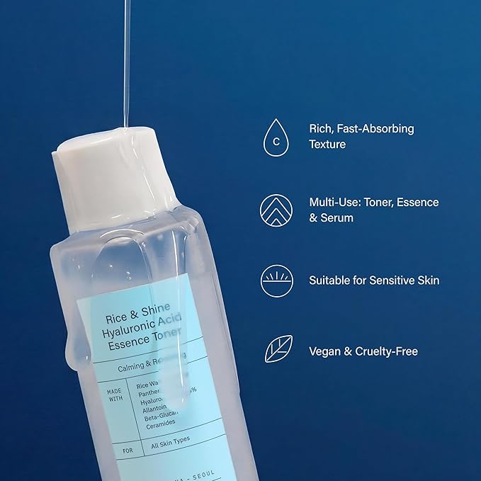 Rice & Shine Hyaluronic Acid Essence Toner - Hydrating Brightening Facial Toner with Ceramides and Panthenol| Korean Vegan Skincare | 5.07 fl.oz.