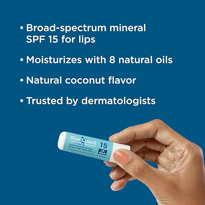 BLUE LIZARD Mineral SPF 15 Lip Balm,Broad Spectrum Sun Protection,Natural Coconut Flavor,8Natural Oils,Infused with Australian KakaduPlum,Rich in Vitamin C,Vegan, EachTube 0.13 oz. 3 Count (Pack of 2)