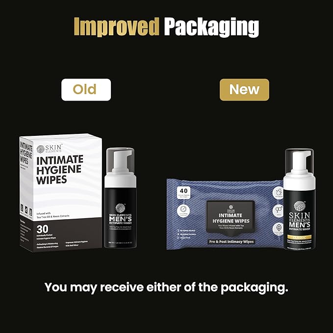 Skin Elements Intimate Hygiene Combo| Intimate Wash Men 120 ml+Intimate Wipes 30 Individual Sachets With Tea Tree & Neem Extracts - pH Balanced Foaming Wash Prevents Irritation & Bad Odor