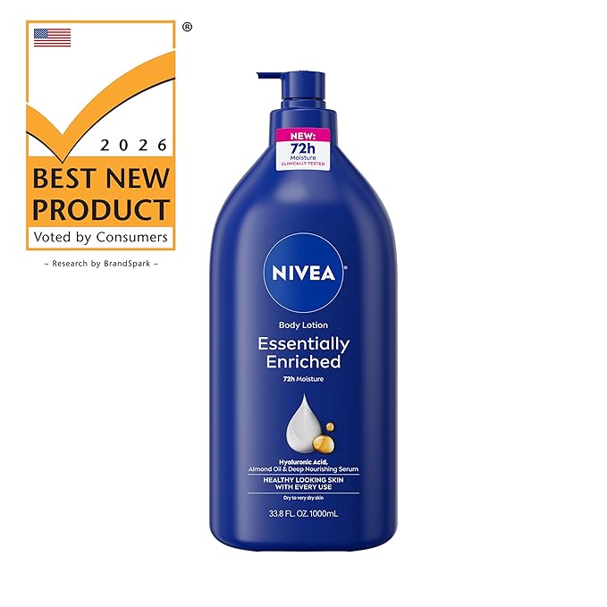 NIVEA Essentially Enriched Body Lotion for Very Dry Skin with Hyaluronic Acid, Almond Oil and Deep Nourishing Serum, 72-Hour Body Moisturizer, 33.8 Fl Oz Value Size Pump Bottle