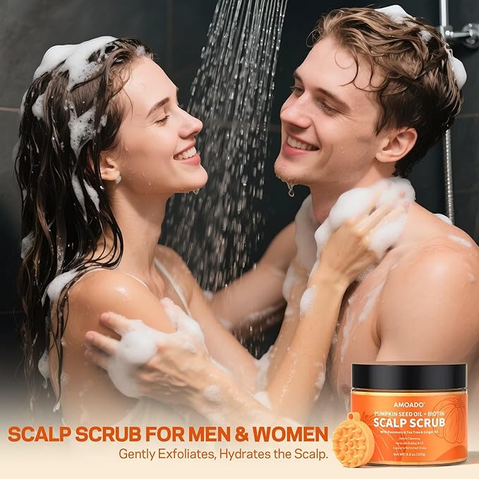 AMOADO Scalp Scrub, Pumpkin Seed Oil Scalp Exfoliator With Biotin & Rosemary, Sulfate Free Scalp Detox for Itchy Scalp & Dandruff & Buildup Removal & Hair Growth, Hair Scrub with Scrubber