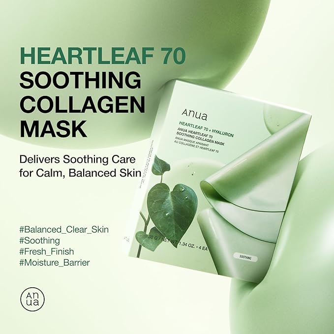 Anua Heartleaf 70 Soothing Collagen Mask, Overnight Face Mask for Sensitive Skin, Hyaluronic Acid, Hydrating Facial Mask, Redness Relief, Natural Color, Korean Skincare, 1.34 fl.oz/4ea