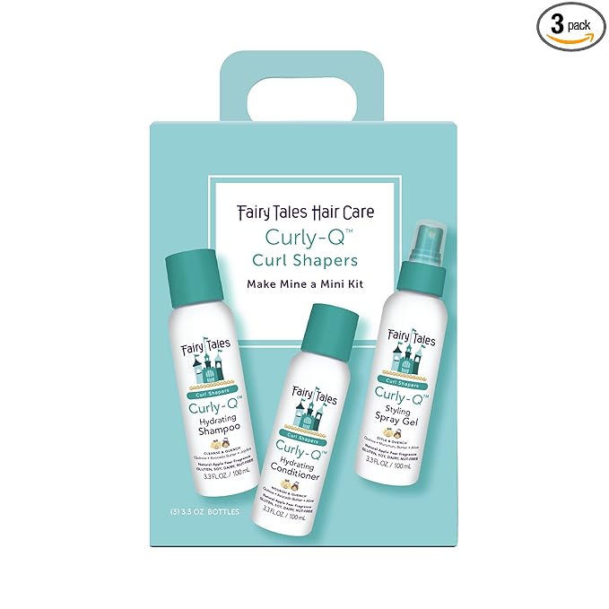 Fairy Tales Curly Q Hydrating Kids Shampoo, Conditioner, and Styling Spray Gel -Travel Kit- Paraben, Sulfate, Gluten, and Nut Free - For All Curl Types Including Multi Cultural Hair – 3.3oz (3 Pack)