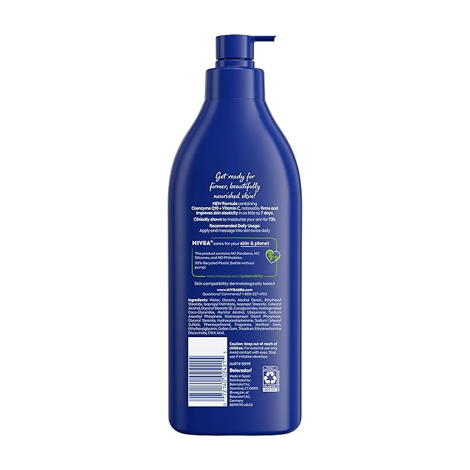 NIVEA Nourishing Hydration Skin Firming Body Lotion with Q10 and Vitamin C, 72-Hour Body Moisturizer for Dry to Very Dry Skin, 16.9 Fl Oz Pump Bottle