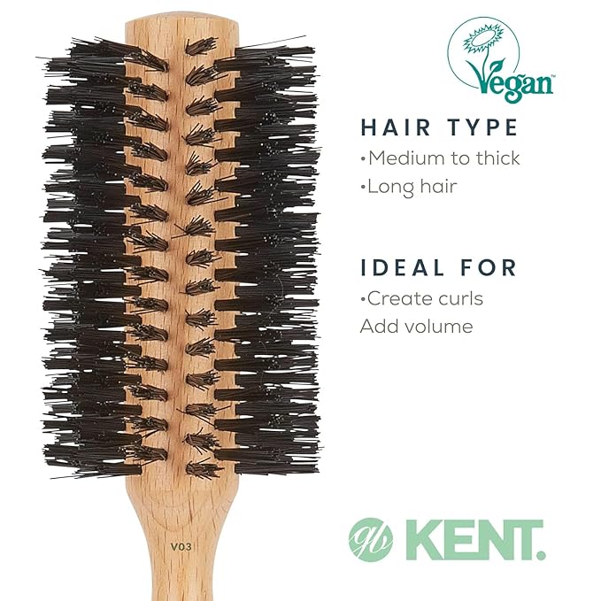 Kent V03 Vegan Boar Bristle Hair Brush, Eco-Friendly 60mm Round Brush with Cruelty-Free Bristles for Blowouts, Volume, Root Lift, Curls, All Hair Types, Wooden Handle, Travel Size, Made in England