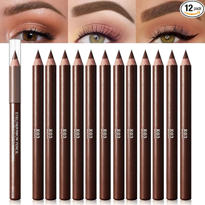 Eyebrow Pencils for Women, 12Pcs Hard-Core Wooden Eye Brow Eye Liner Pencils for Beginner Makeup, Black Coffee Brown Colors, Waterproof & Sweat-Proof (Brown-12 Pcs-E03)
