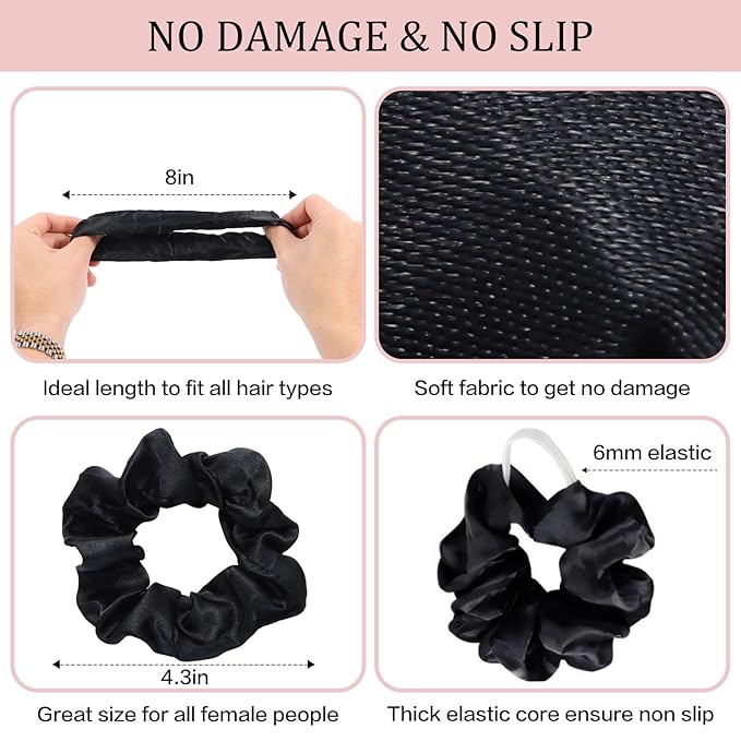 Satin Scrunchies for Women, Girls & Kids 60 Bulk Pack, Silk Hair Ties No Damage, Black Scrunchie for Sleeping, Silky Ponytail Holders Scrunchy for Thick, Curly, Medium, Thin, Fine Hair Non Slip