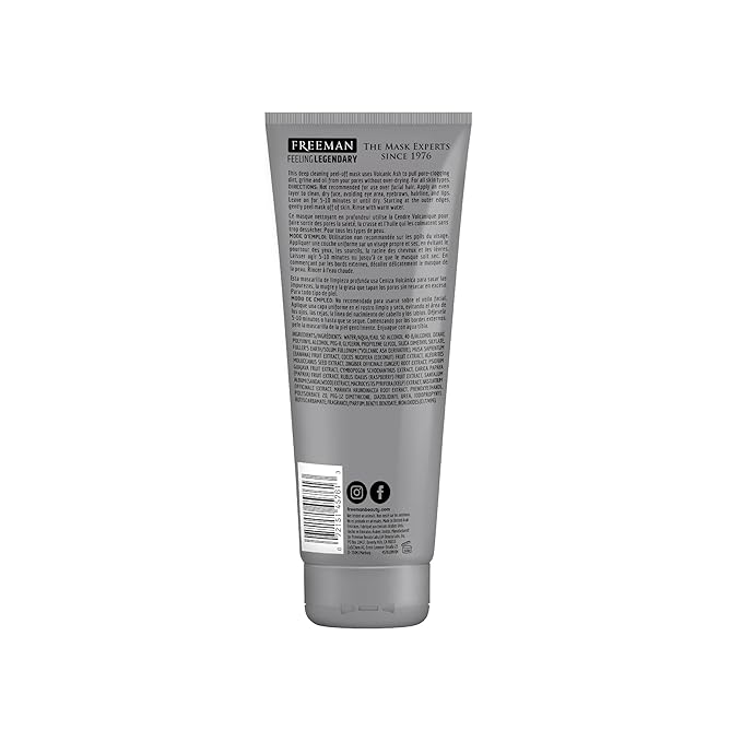 FREEMAN Pore Clearing Volcanic Ash Peel-Off Gel Facial Mask, Deep Cleansing, Removes Dirt From Pores, Not Over-Drying, Easy-to-use, For Men, 6 fl.oz./175 mL Tube