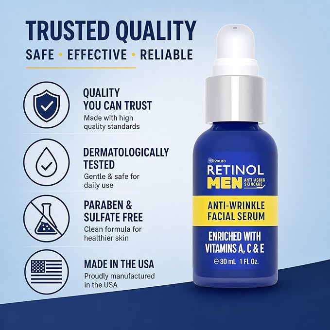 LIVAURA Retinol Men’s Face Serum – Anti Aging Serum for Face, Brightening Serums for Dark Spots & Glow, Hydrating Hyaluronic Acid, Skin Care for Wrinkles & Even Tone, Best Facial Serums