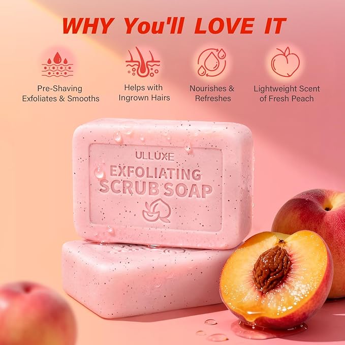 Body Scrub Soap Bar, Pre-shave Exfoliating Bar Soap with BHA Salicylic Acid & Shea Butter, Smooths Rough Bumpy Skin, Skin Soft, Moisturizing & Gentle for All Skin Types, Peach Scent, 3.53 oz Each