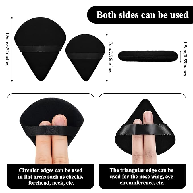 Maitys 12 Pcs Powder Puff Triangle for Face Makeup Cosmetic Loose Powder Puff Velour Soft Body Washable Reusable Foundation Sponge Wet Dry Makeup Tool for Women(Large, Small,Black, Nude Color)
