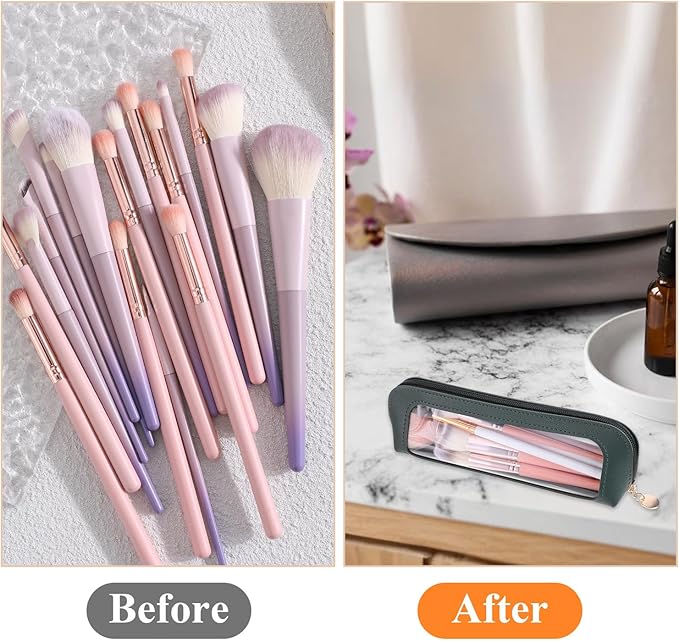 Psyqtsuary Small Clear Makeup Bag, PU Leather Travel Makeup Brush Pouch Portable Transparent Waterproof Cosmetic Organizer Pouch with Zipper for Women Home Travel Office Cosmetic Storage (Dark Green)