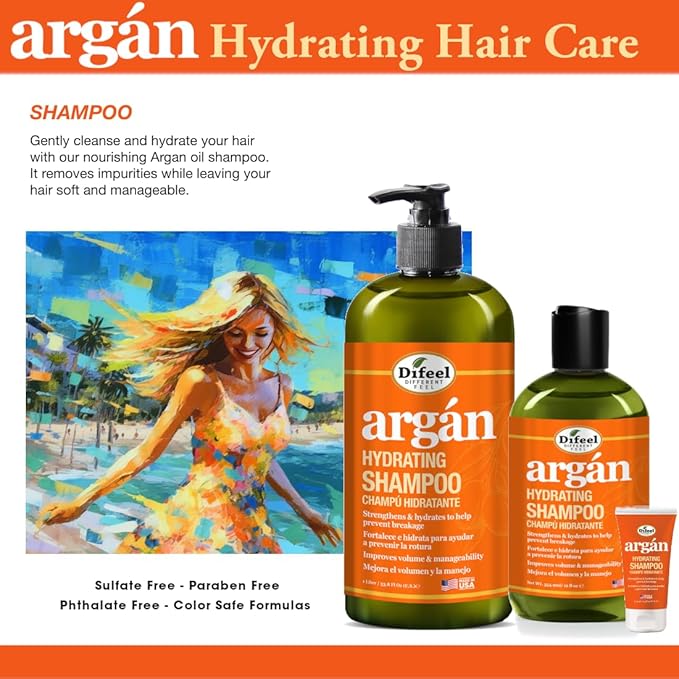Difeel Argan Hydrating Shampoo 33.8 oz. - Natural Sulfate Free Argan Oil Shampoo for Hair
