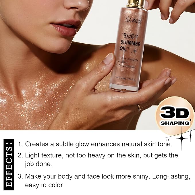 Shimmer Oil 100ml, Moisturizing Long Lasting Body Luminizer Face Brighten, Waterproof Liquid Illuminator Glow, Glitter Oil Highlighter Summer Glowing Makeup (#05 Rose Gold)