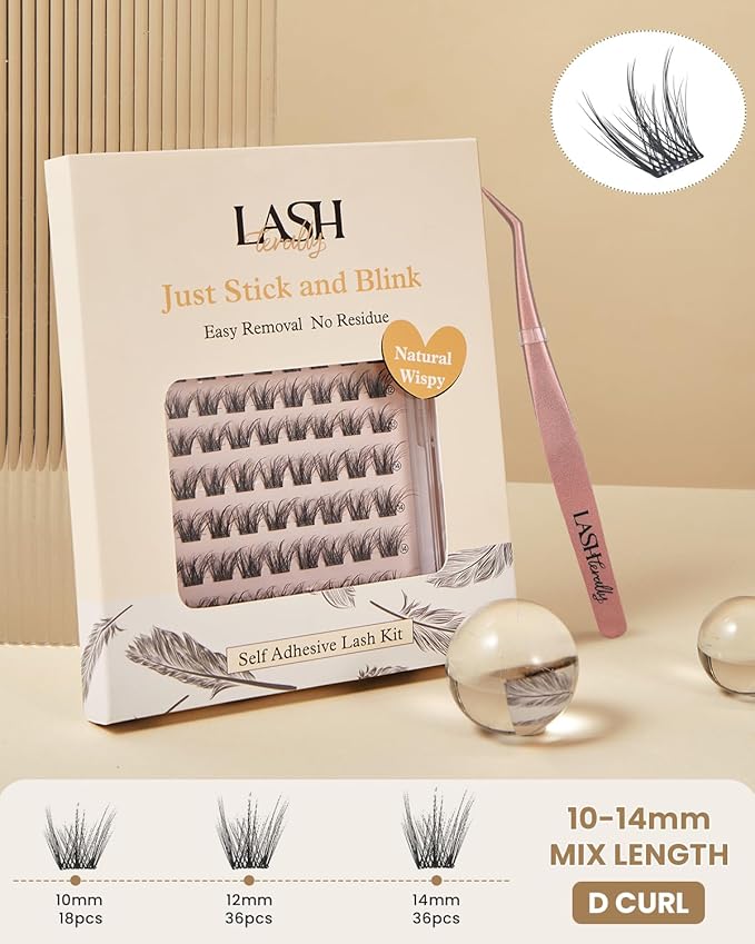 Self Adhesive Eyelashes Glue Free Lash Clusters Easy Removal Ultra Thin Lightweight Press on lashes Natural Wispy 10-14mm Fluffy False Eyelashes 90 Clusters Lash Clusters Kit