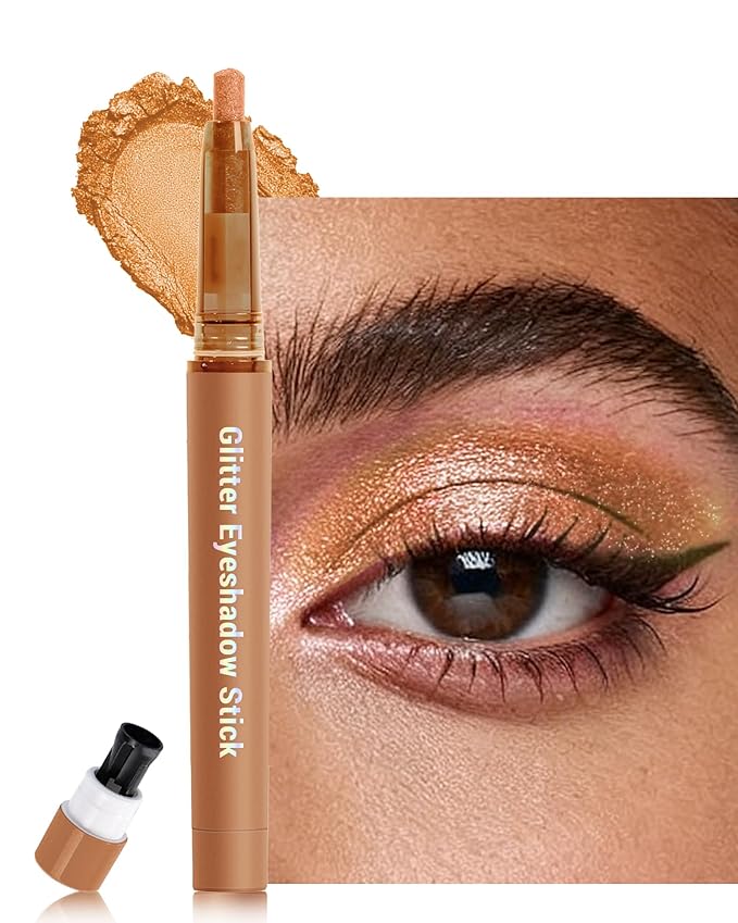 Glitter Eyeshadow & Eyeliner Stick 2 in 1, Metallic Shimmer Eyeshadow Stick, Twist-Up Built in a Sharpener Champagne Eyeliner Pen, Waterproof Creamy Eye liner Makeup for Women Christmas-10 Champagne